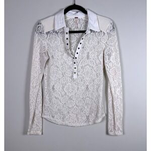 Free People Cream Lace Collared Henley Shirt Long Sleeve Size M